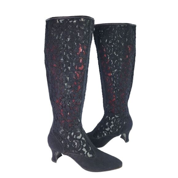 Yves Saint Laurent Womens Applique Lace Back Zip Tall Boot US 10 Black Heel Boot - Picture 1 of 14